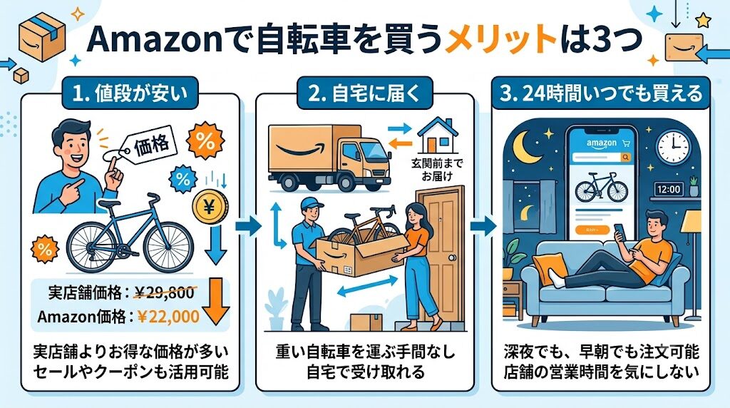 Amazonで自転車を買うメリットは3点