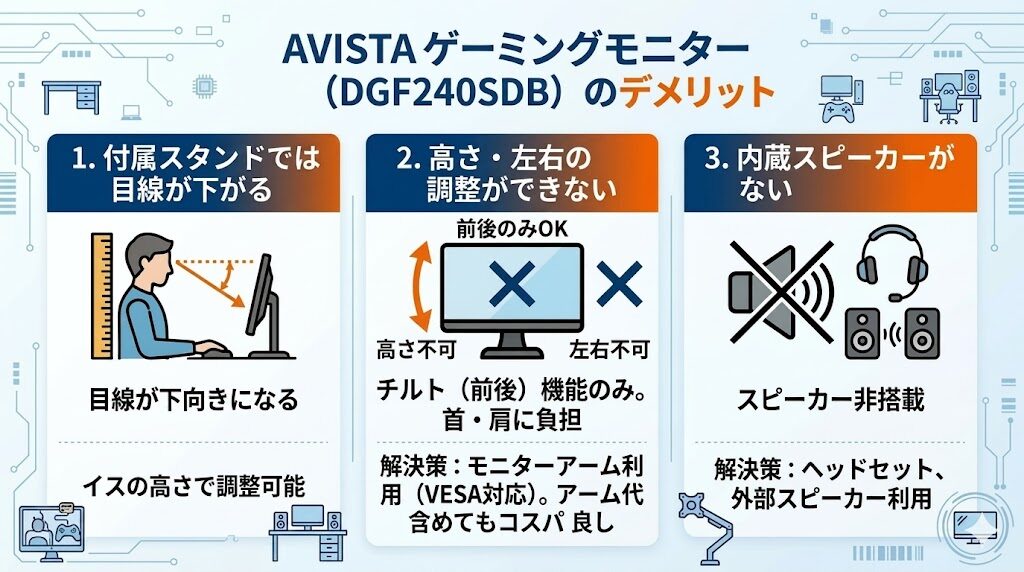 AVISTAゲーミングモニター（DGF240SDB）のデメリット